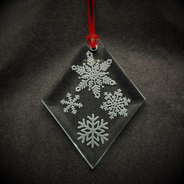 Crystal Beveled Diamond Shaped Ornament with Sandblasted Snowflakes Designs#1 
