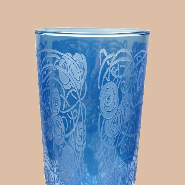 Blue glass cylinder vase with sandblasted bramble design close up view Its A Blast Glass Tucson