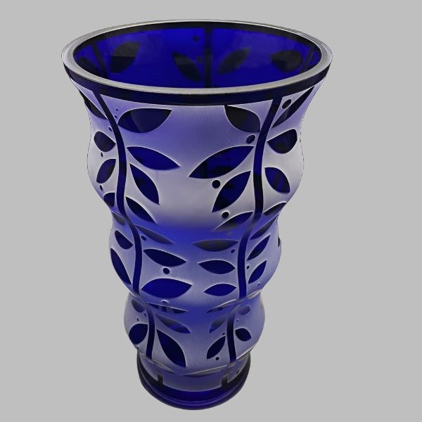 Cobalt blue ribbed glass vase with Leaf it to you design top view