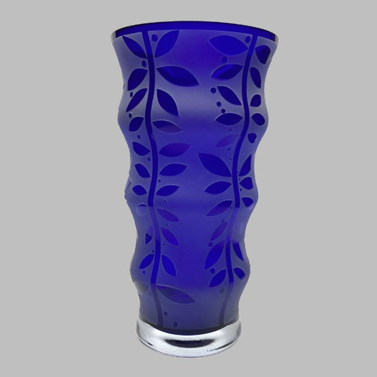 Cobalt blue ribbed glass vase with Leaf it to you design side view