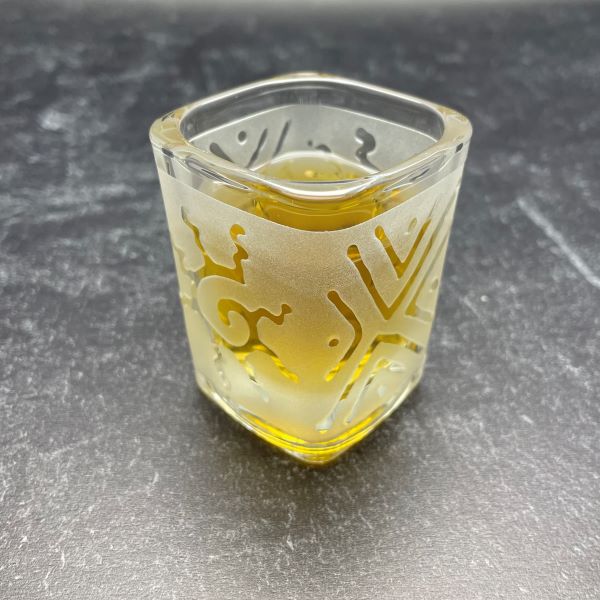 Square shot glass with sandblasted Geo Sun #2 design