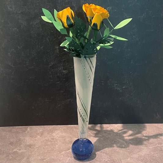 Blue-ball-cone-shaped-glass-vase-with- Swirling-Around-sandblasted-design-with-flowers