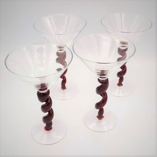LOT OF 4 MINI MARTINI GLASSES WITH AMBER TWISTED STEMS - 5 INCHES X 2.5  INCHES