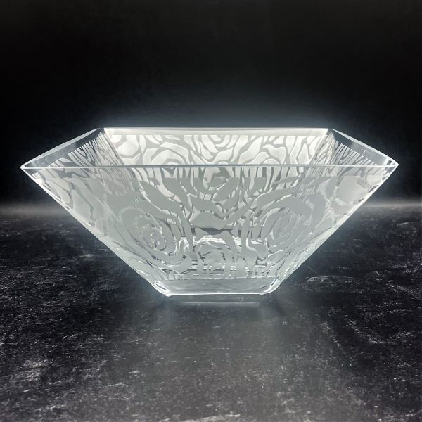 Square-flared-blown-glass-bowl-with-sandblasted-Love-is-a-Rose-design-side-view