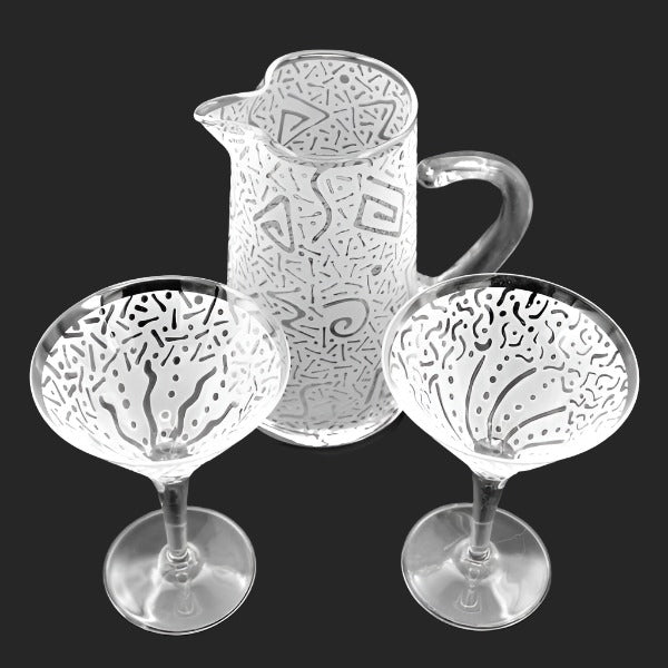 Small Pitcher with Sandblasted Millennium Design and Crystal Cocktail Glasses Sandblasted Designs