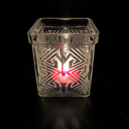Square-Libbey-candle-holder-with-sandblasted-maize-design-with-lit-candle