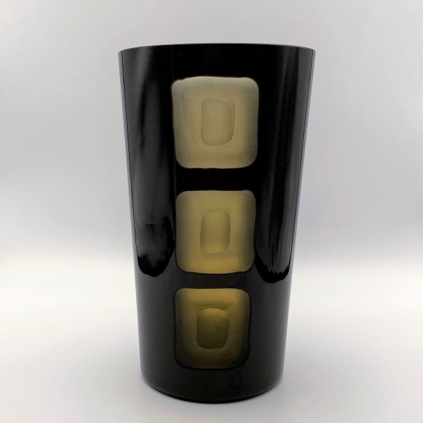 Amber and Black Gem Large Cylinder Hand Blown Glass Vase Side View 