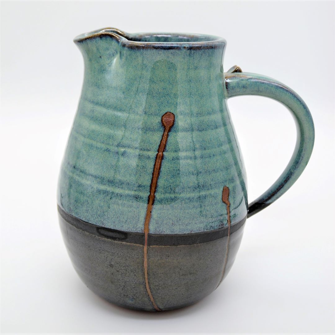 Fern green pottery pitcher side view Its A Blast Glass Gallery 