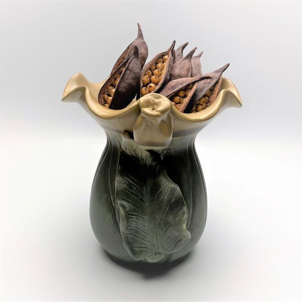 Ceramic Vase with Leaf and Ruffle Edge Design and Seed Pods