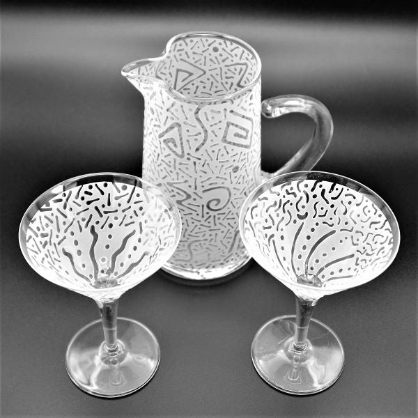 Small Crystal Cocktail Glasses with Before and After Sandblasted Designs with Pitcher  