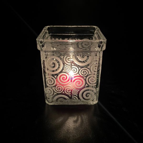 Square Glass Candle Holder with Sandblasted Etched Spirals Design