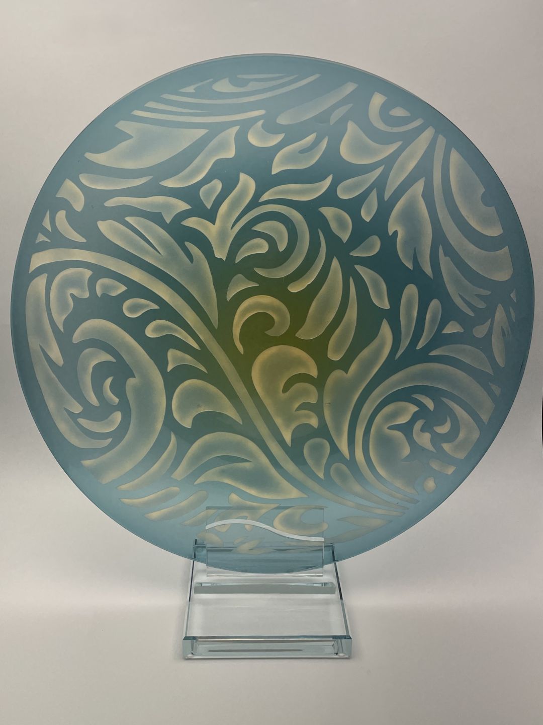 Teal and gold hand blown glass rondel with sandblasted tangled blooms