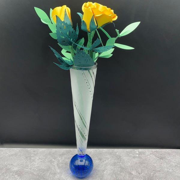 Blue Ball Bud Vase Swirling Around Sandblasted Design with Flowers