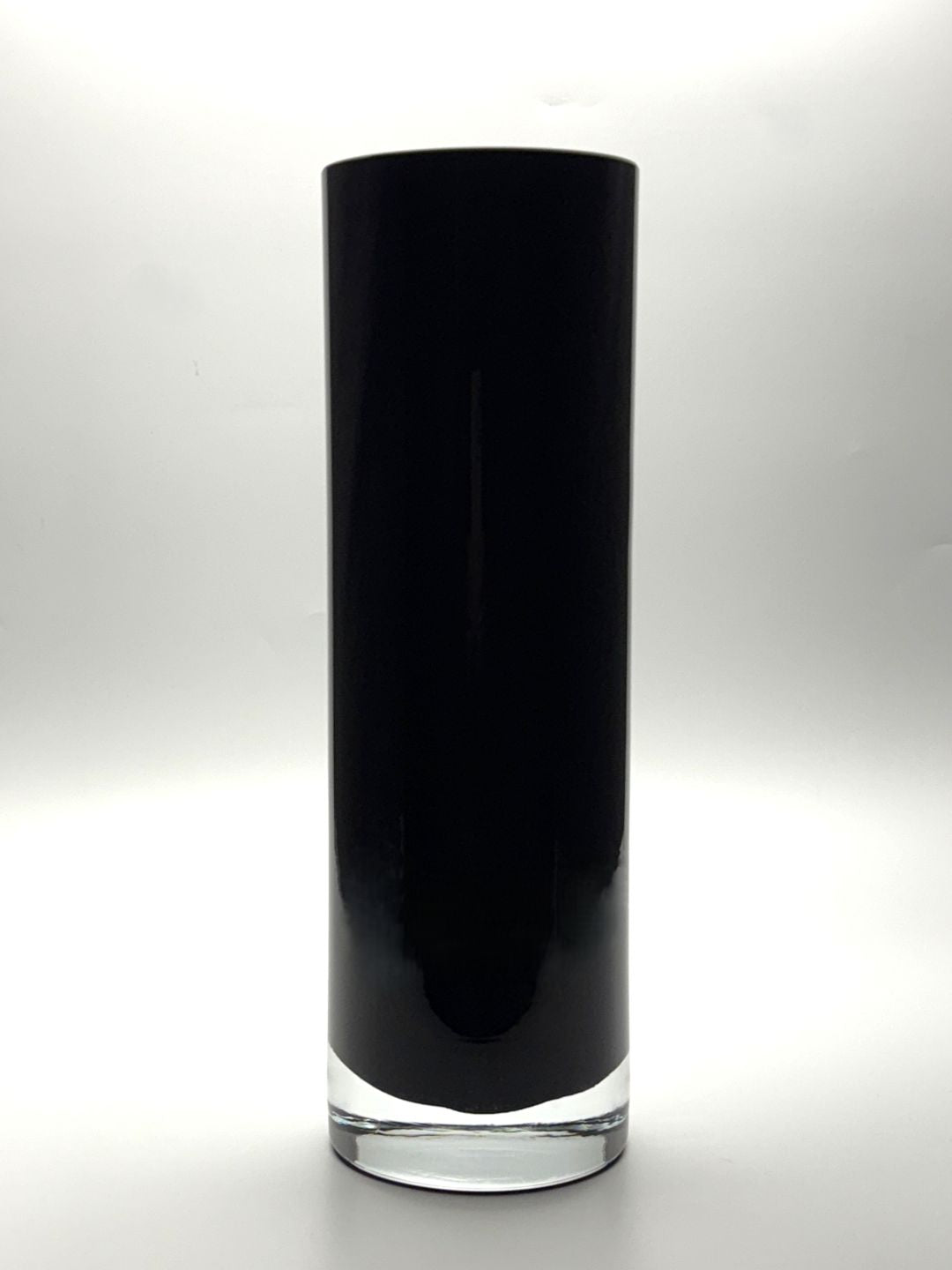 12 inch Black cylinder hand blown glass vase side view  