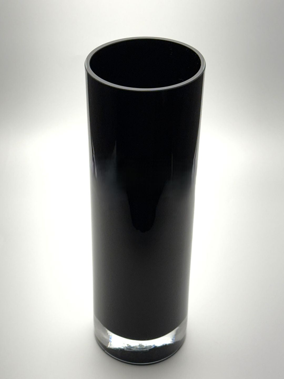 12 inch Black cylinder hand blown glass vase top view  