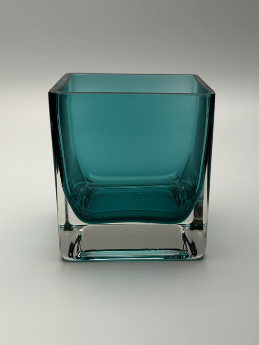 3 x 3 inch teal square hand blown glass candle holder