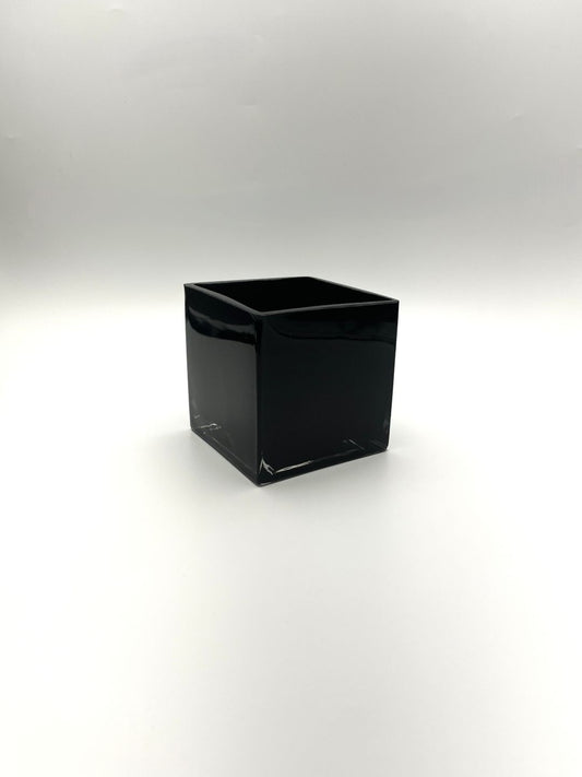 4 inch black hand blown glass cube vase