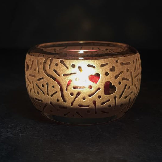 Amethyst-tealight-candle-holder-with-sandblasted-Hearts-Abound-design-illuminated-view