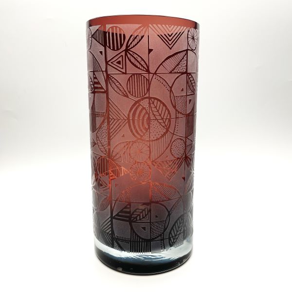 Amethyst cylinder blown glass vase with sandblasted squarely geometric design side view