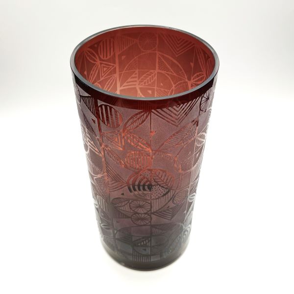 Amethyst cylinder blown glass vase with sandblasted squarely geometric design top view
