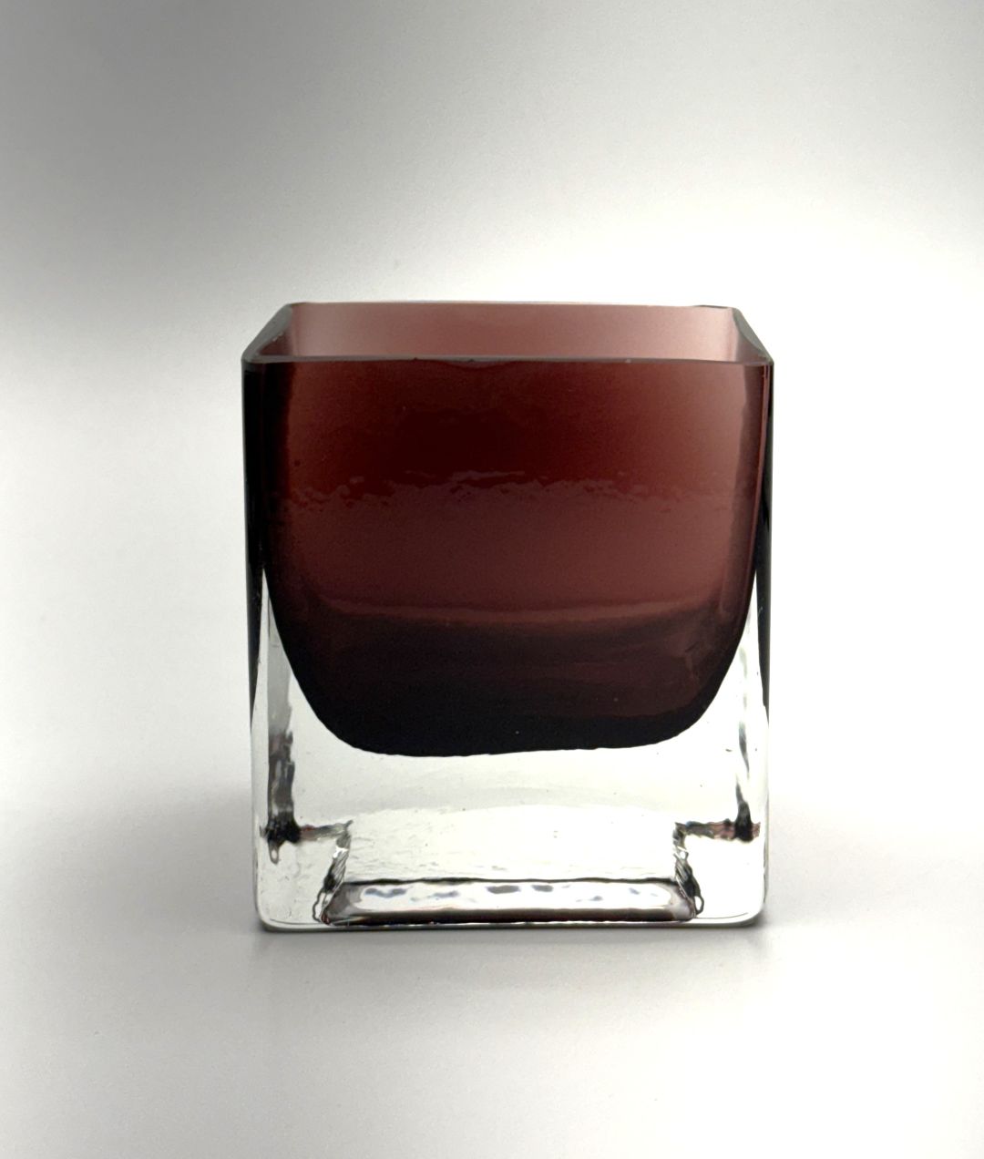 Amethyst square hand blown glass candle holder side view