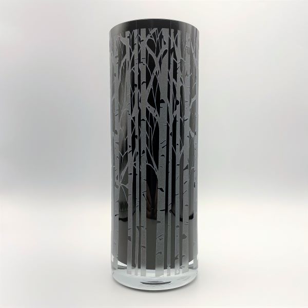 Black-hand-blown-glass-cylinder-vase-with-sandblasted-Aspen-design-side-view