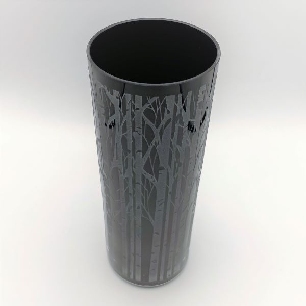 Black-hand-blown-glass-cylinder-vase-with-sandblasted-Aspen-design-top-view