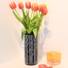 Black-hand-blown-glass-cylinder-vase-with-sandblasted-Aspen-design-with-flowers-dish-candle-holder 