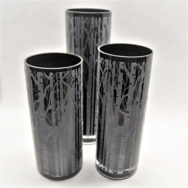 Black-hand-blown-glass-cylinder-vase-with-sandblasted-Aspen-design-three-sizes