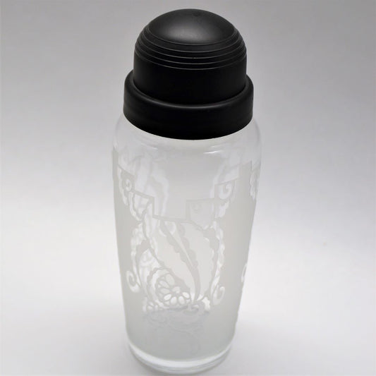 Black Lidded Glass Cocktail Shaker with Sandblasted Art Deco Design