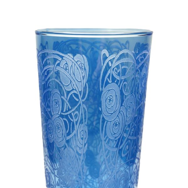 Blue glass cylinder vase with sandblasted bramble design close up view Its A Blast Glass Tucson