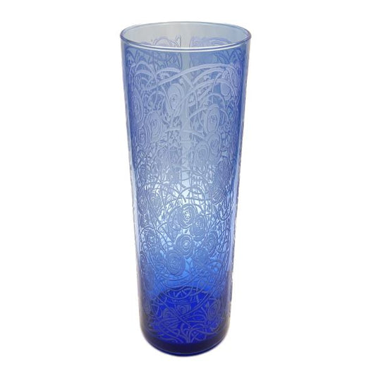 Blue glass cylinder vase with sandblasted bramble design Its A Blast Glass Tucson