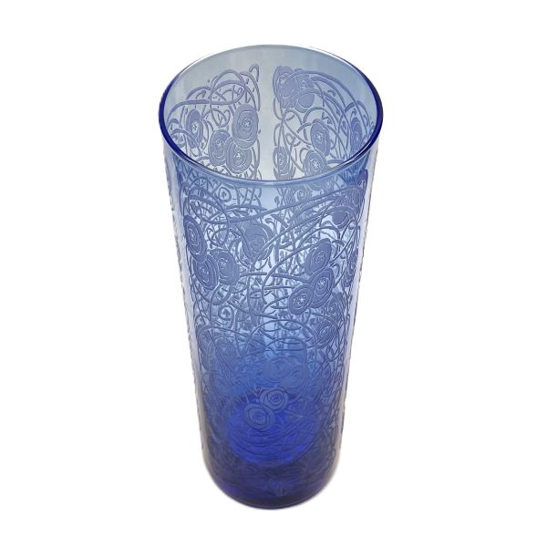 Blue glass cylinder vase with sandblasted bramble design top view Its A Blast Glass Tucson
