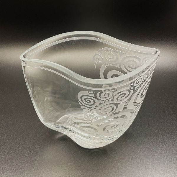 Clear-blown-glass-vase-with-sandblasted-Spiraling-Out-of-Control-Design-top-view