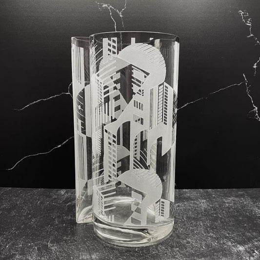 Clear-blown-glass-vase-with-sandblasted-geometric-design-side-view
