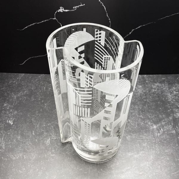 Clear-blown-glass-vase-with-sandblasted-geometric-design-top-view
