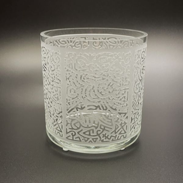 Clear-candle-holder-with-sandblasted-doodles-design-side-view-Its-A-Blast-Glass-Tucson