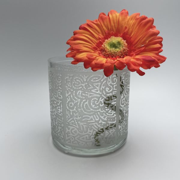 Clear-candle-holder-with-sandblasted-doodles-design-with-flower-side-view-Its-A-Blast-Glass-Tucson