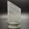 Clear-slanted-teardrop-crystal-vase-with-sandblasted-doodle-bands-side-view-Its-A-Blast-Glass-Tucson