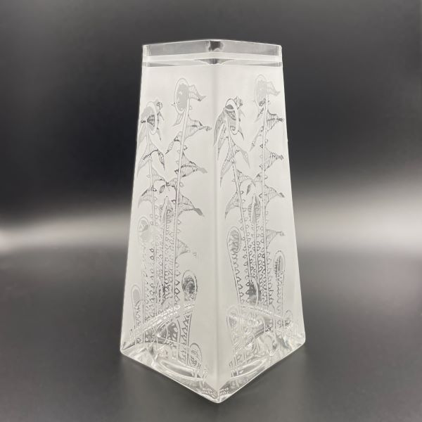 Clear Glass Vase with sandblasted fern design side view -Its A Blast Glass Gallery Tucson