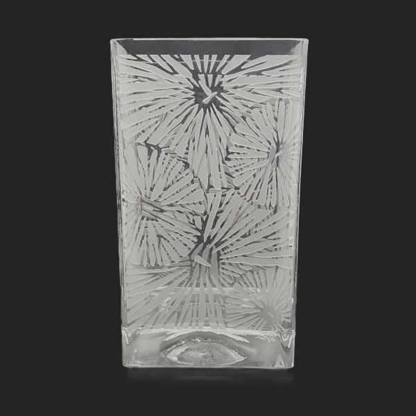 Clear blown glass vase with sandblasted floral design side view
