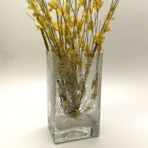 Clear blown glass vase with sandblasted floral design with flowers