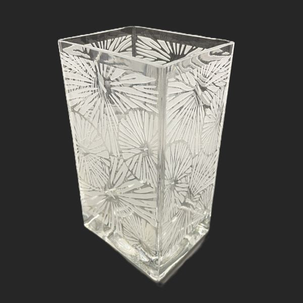 Clear blown glass vase with sandblasted floral design angled  view