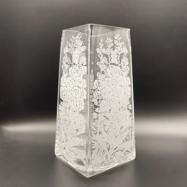 Clear glass vase with sandblasted Hollyhock design Its A Blast Glass