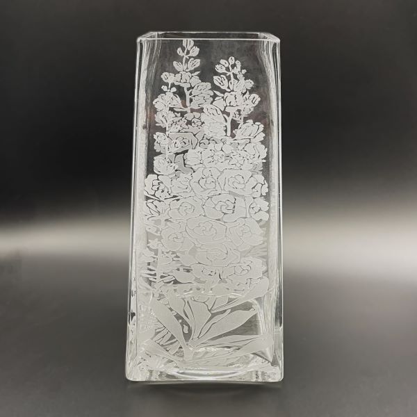 Clear glass vase with sandblasted Hollyhock design side view Its A Blast Glass