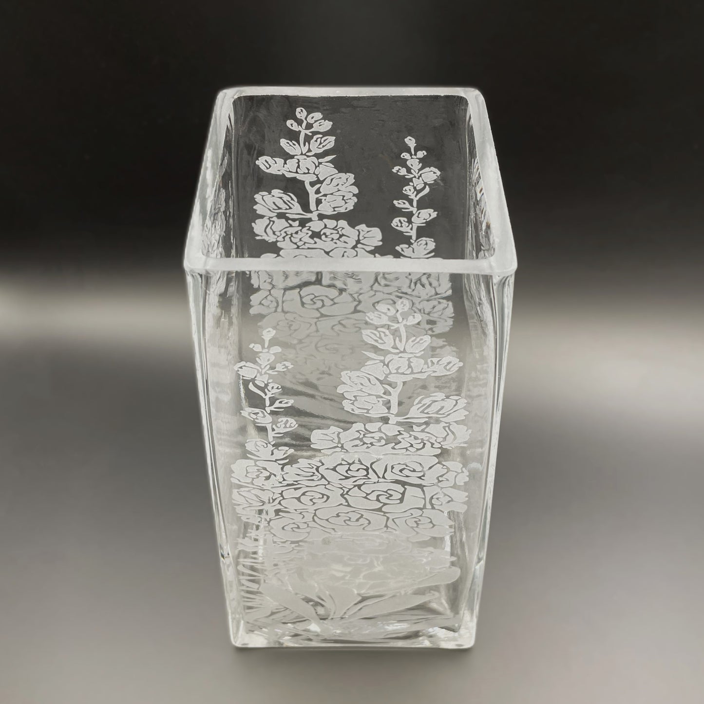 Clear glass vase with sandblasted Hollyhock design top view Its A Blast Glass
