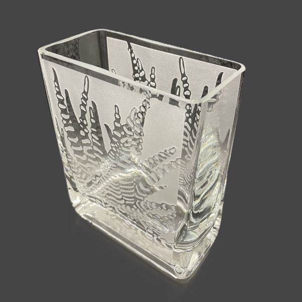 Clear rectangular blown glass vase with sandblasted aloe design angled top view 