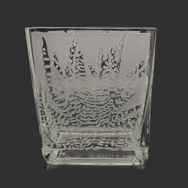 Clear rectangular blown glass vase with sandblasted aloe design side view 