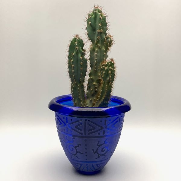    Cobalt-blue-pot-with-banded-sun-geometric-designs-cactus-view-Its-A-Blast-Glass-Tucson