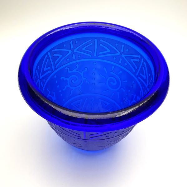 Cobalt-blue-pot-with-banded-sun-geometric-designs-top-view-Its-A-Blast-Glass-Tucson